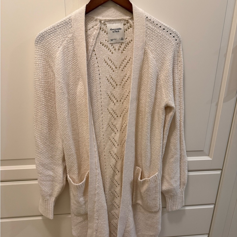 Abercrombie & Fitch Cream Long Cable Knit Open Front Cardigan Sweater XS Pockets